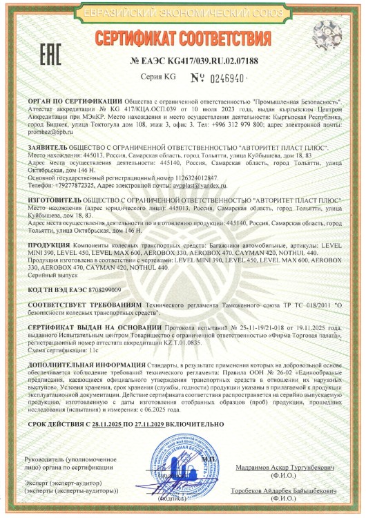 Бокс на крышу ЛЕВЕЛ / Level 450 (длина 190 см), двухсторонний